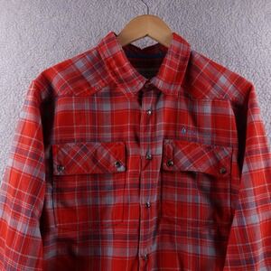 REDINGTON‎ Mens M Red Plaid Flannel Long Sleeve Peral Snap Shirt Fly Fishing